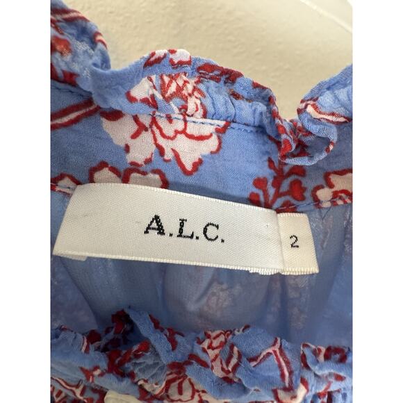 Dainty Silk Floral Print Blouse Half Button Down Blue Red Women’s Size 2 A.L.C. - Picture 7 of 10